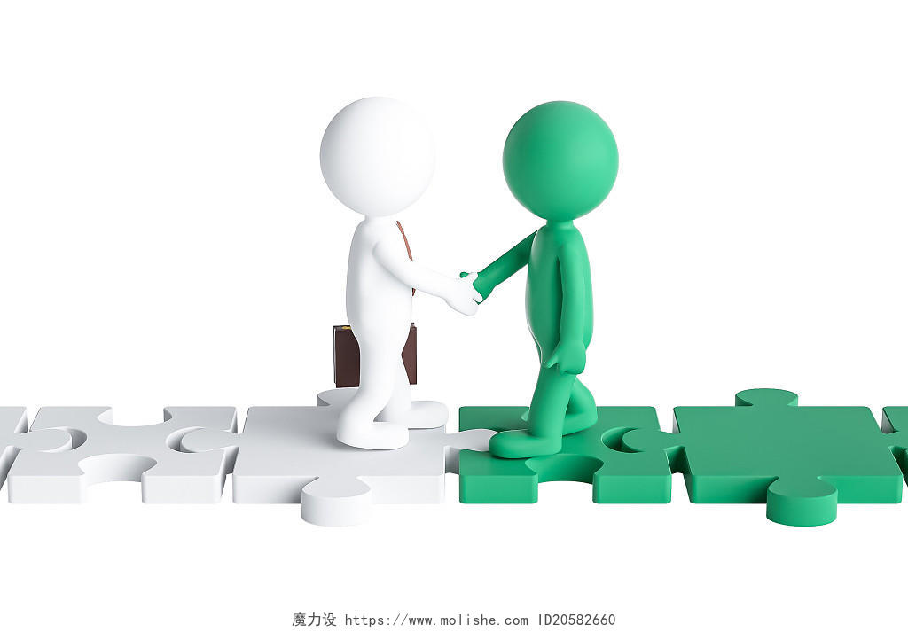 立体站在拼图上握手交谈合作的商务3D小人插画素材